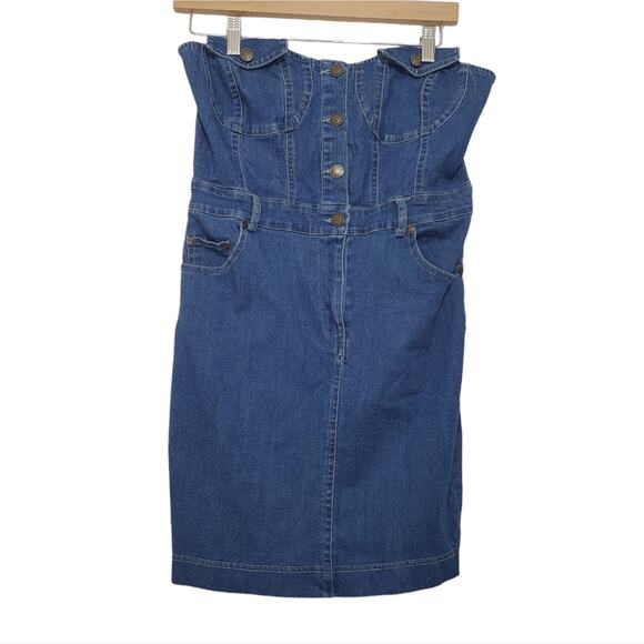 NWT Mebon | Y2K 90s Denim Button Front Strapless Tube Dress Pockets Stretch - Picture 1 of 8